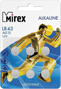 Элементы питания Mirex LR43 (AG12) Mirex блистер 6 шт. 23702-LR43-E6
